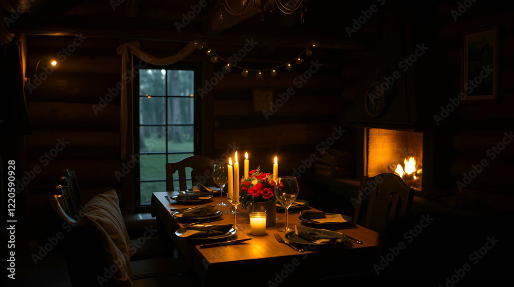 Cozy dinner table setting with candles and fireplace in a rustic log cabin atmosphere Cozy dinner table setting with candles and fireplace in a rustic log cabin atmosphere