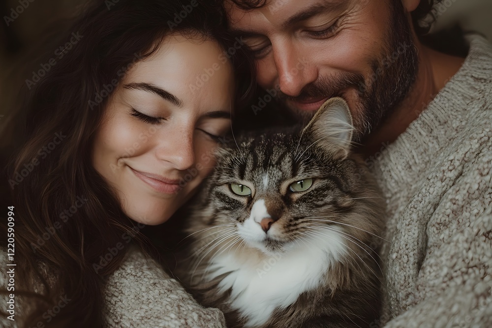 Loving couple cuddling with their cat indoors. Generative AI Loving couple cuddling with their cat indoors. Generative AI