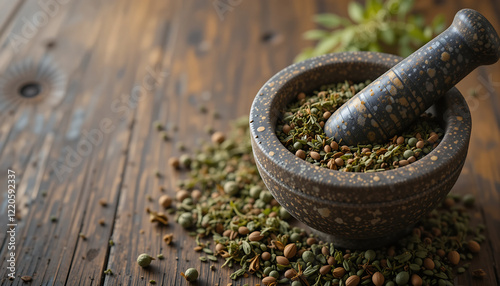Mixing spices in a traditional mortar and pestle with a rustic backdrop