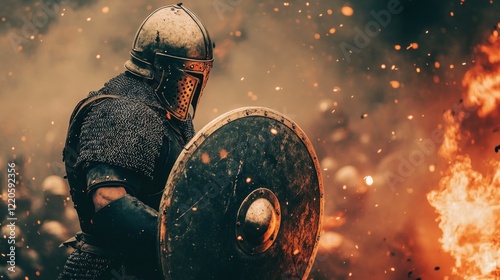 Soldier in armor with a helmet, holding his shield and ready to fight the army of soldiers behind him. The epic battle background features fire particles flying around