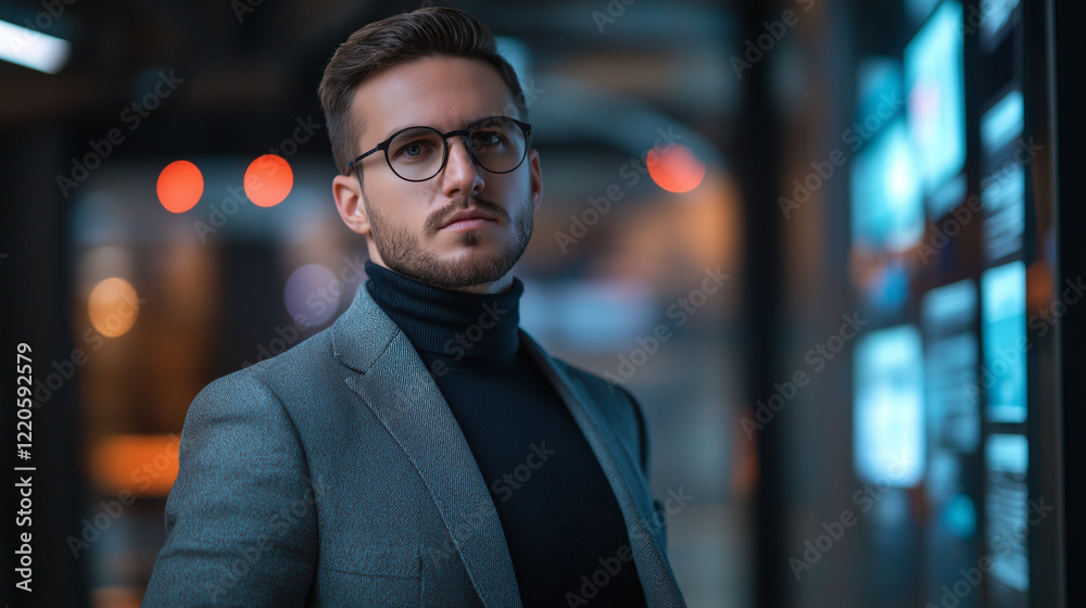 A young tech CEO in a smart casual outfit featuring a blazer over a turtleneck, standing in a modern workspace with blurred monitors and digital panels in the background, captured from the waist up wi A young tech CEO in a smart casual outfit featuring a blazer over a turtleneck, standing in a modern workspace with blurred monitors and digital panels in the background, captured from the waist up wi