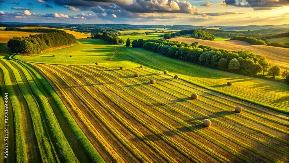 Fototapeta premium Aerial View of Freshly Cut Hay Field in Summer Sunlight
