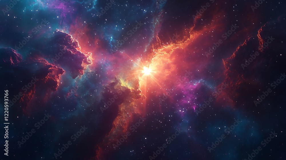 A colorful nebula with bright stars and galaxies A colorful nebula with bright stars and galaxies
