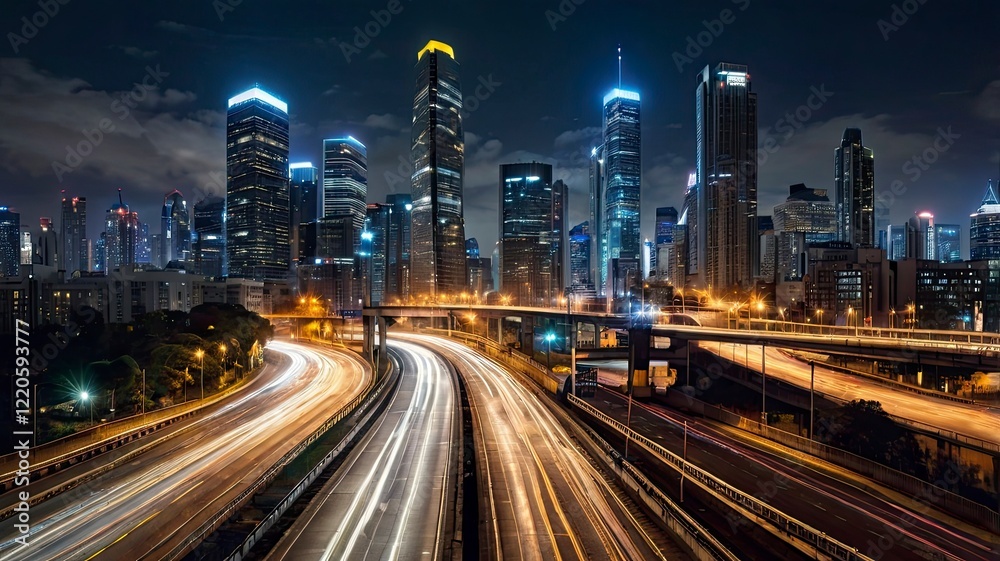 Obraz premium A panoramic view of a bustling metropolitan skyline at night, with skyscrapers glowing in warm yellow and blue lights. A busy highway with light trails from cars adds motion to the scene