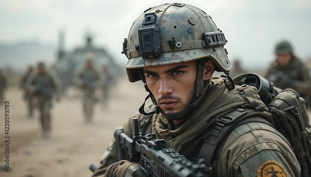 Obraz premium A soldier in camouflage uniform and helmet holds a rifle, a focused look on his face; other soldiers are blurred in the background.