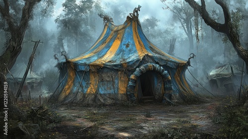 A dilapidated circus tent sits in a dark, misty forest. photo