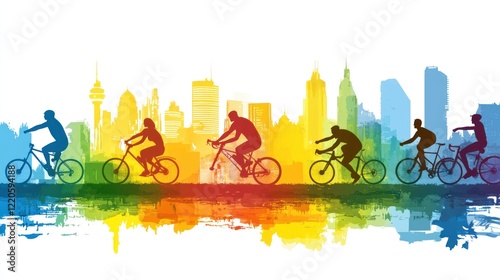 Background with silhouettes of colorful people playing sports like tennis, swimming and cycling in the city. The concept of positive city center activities with sports