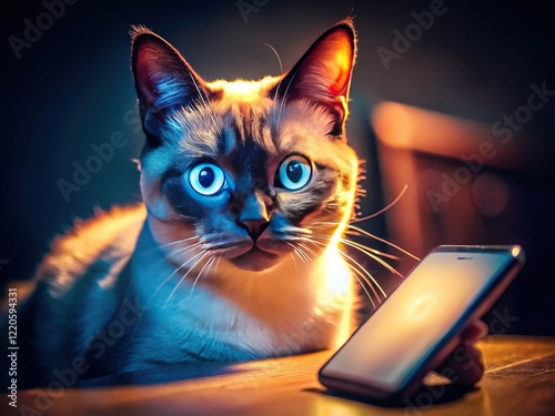 Siamese cat, smartphone night photography, post-internet art. photo