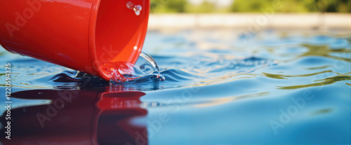Red bucket pouring water into a calm outdoor pool