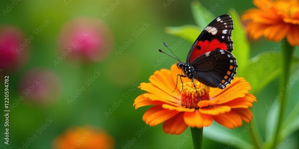 A vibrant red and black butterfly delicately perched on an orange flower, surrounded by a bokeh of colorful blossoms in a tranquil garden setting A vibrant red and black butterfly delicately perched on an orange flower, surrounded by a bokeh of colorful blossoms in a tranquil garden setting