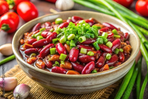 Spicy Red Bean Dish with Green Onions -  Delicious Cuisine Photography photo