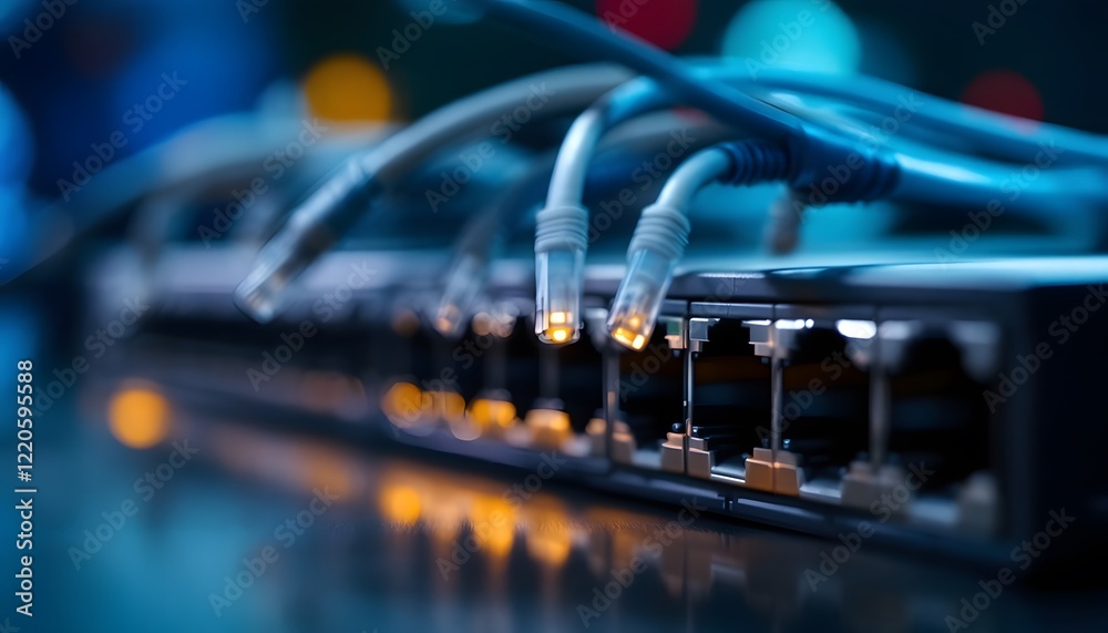 A highly detailed, macro shot of a network switch with several connected cables, showcasing the intricate metal surface and tiny details of the ports. The focus should be on the switch’s ports A highly detailed, macro shot of a network switch with several connected cables, showcasing the intricate metal surface and tiny details of the ports. The focus should be on the switch’s ports