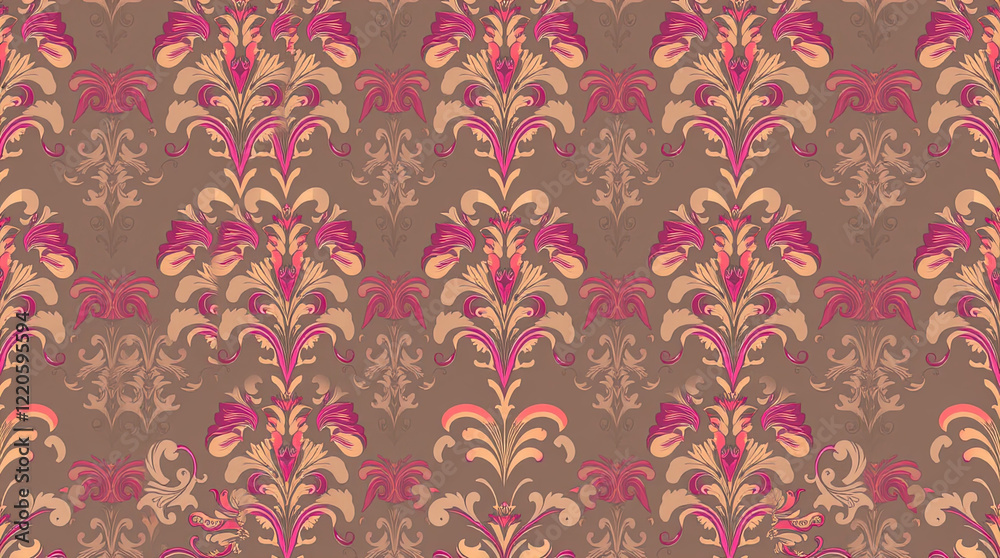 Obraz premium decorative damask pattern including complex floral and scroll motifs. elegant and classic wallpaper style. symmetrical and repeating look