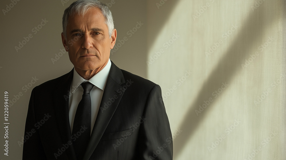 A middle-aged executive with short-cropped gray hair, wearing a classic black suit and tie, standing in front of a softly textured white background with subtle shadow play A middle-aged executive with short-cropped gray hair, wearing a classic black suit and tie, standing in front of a softly textured white background with subtle shadow play