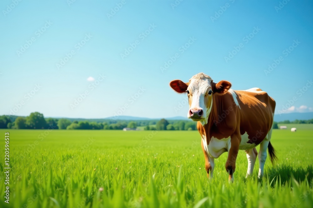 Cow in verdant field, clear blue sky backdrop, idyllic, nature, field Cow in verdant field, clear blue sky backdrop, idyllic, nature, field