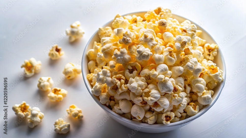 Aerial View of Popcorn in Bowl, White Background - Stock Photo Aerial View of Popcorn in Bowl, White Background - Stock Photo
