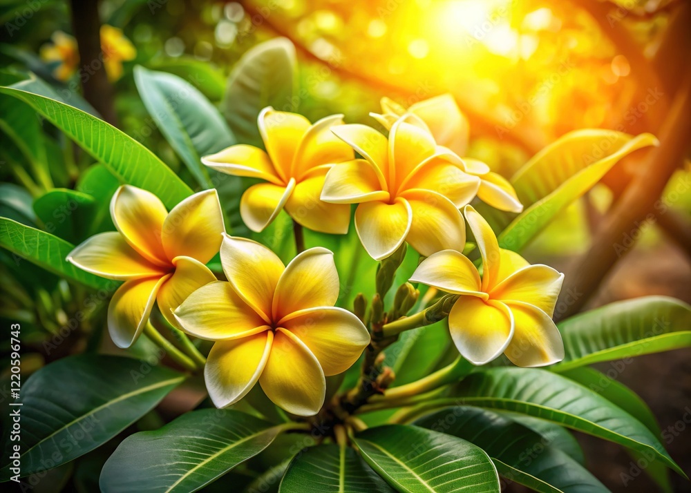 Obraz premium Yellow Plumeria Blossoms in Sunlight