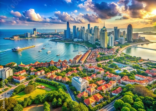 Aerial View of Qingdao Coastal City: Stunning Bird's Eye Perspective of Architecture and Seascape