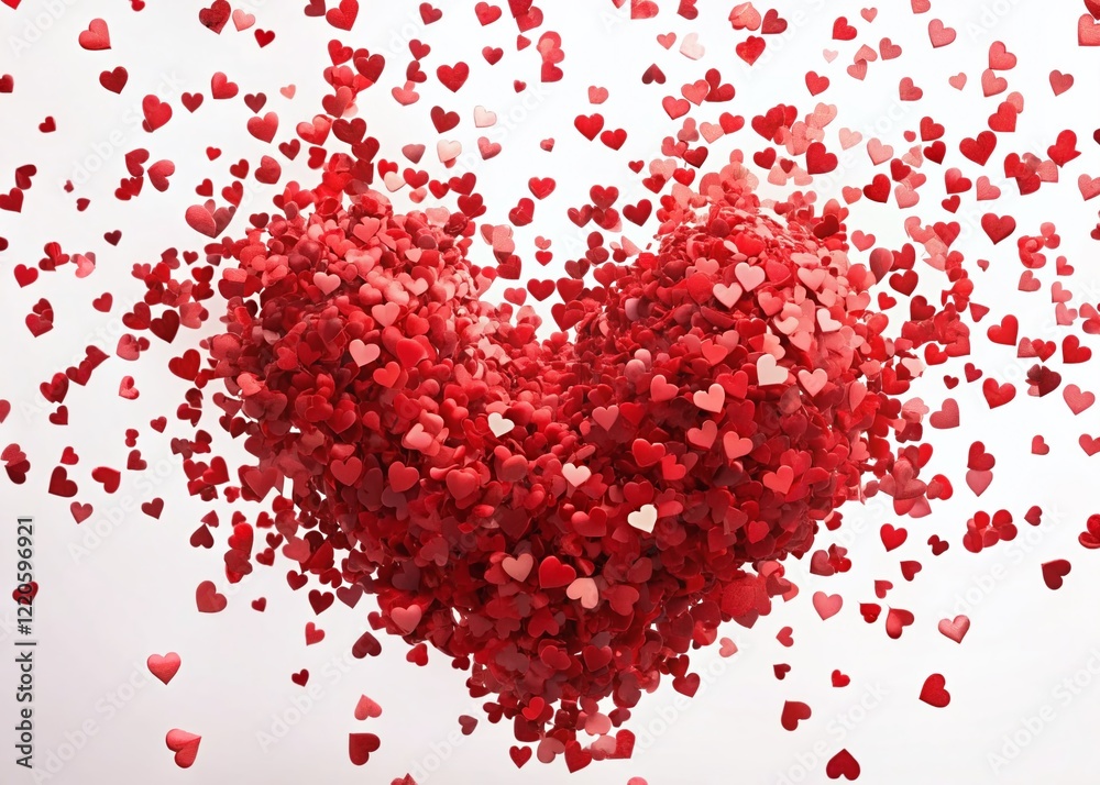 Aerial View of Red Heart Confetti Shower - Romantic Celebration Background Aerial View of Red Heart Confetti Shower - Romantic Celebration Background