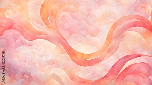Abstract watercolor background with flowing peach and coral ribbons over a soft pink cloud texture.