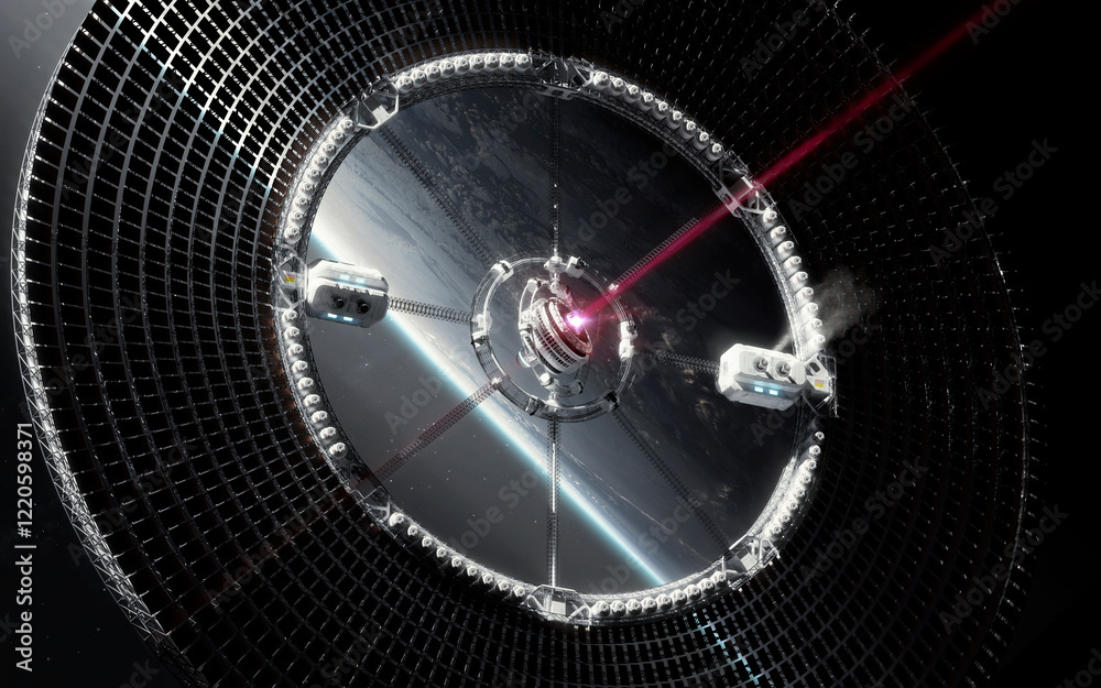 3D illustration of futuristic spaceship in deep space. High quality render, digital cosmic sci-fi art in 5K - realistic visualization