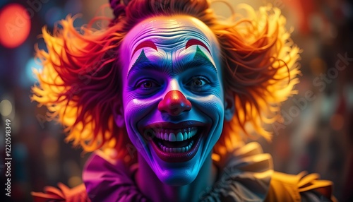 A detailed close-up of a creepy clown's face with vibrant, colorful makeup and wild orange hair, glowing in neon light.