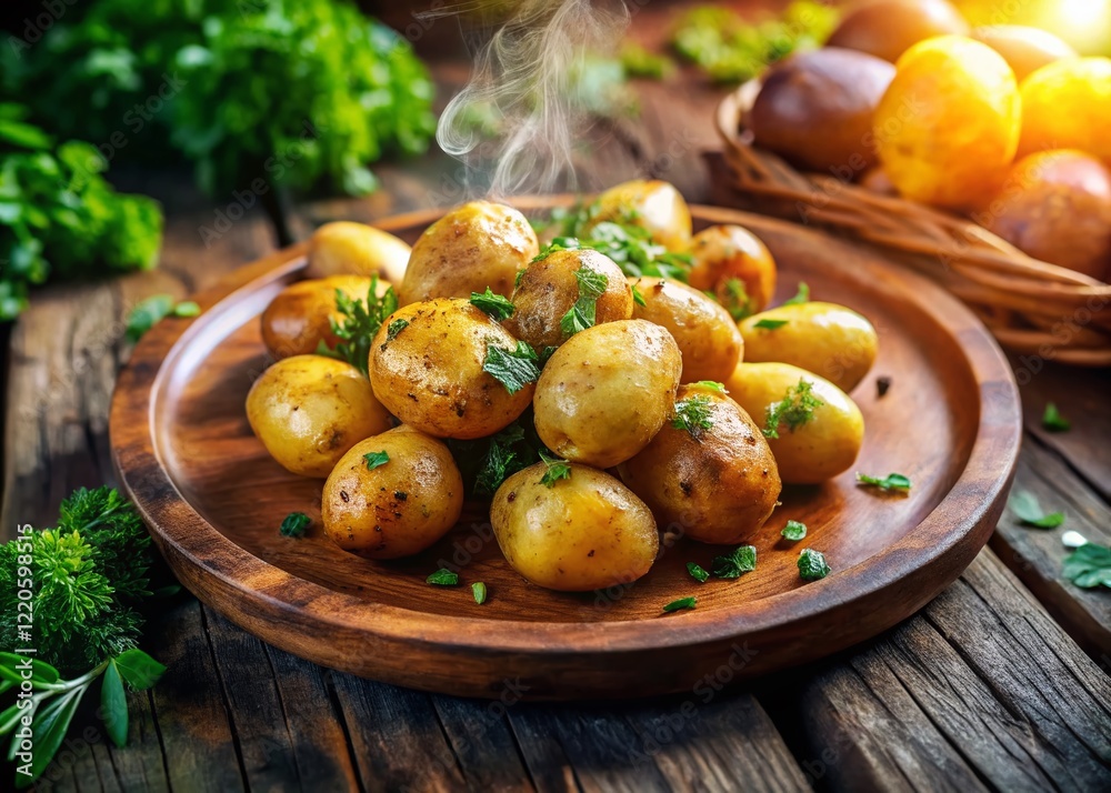 Aerial View of Steaming Boiled Potatoes on Rustic Plate - Drone Photography Aerial View of Steaming Boiled Potatoes on Rustic Plate - Drone Photography