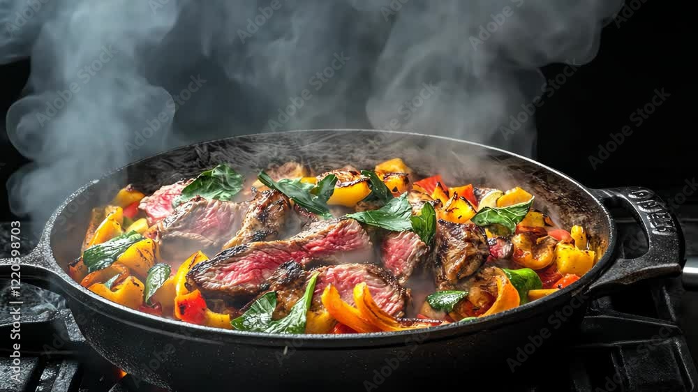 Sizzling steak and colorful vegetables cooking in a cast iron skillet over high heat in a cozy kitchen atmosphere Sizzling steak and colorful vegetables cooking in a cast iron skillet over high heat in a cozy kitchen atmosphere