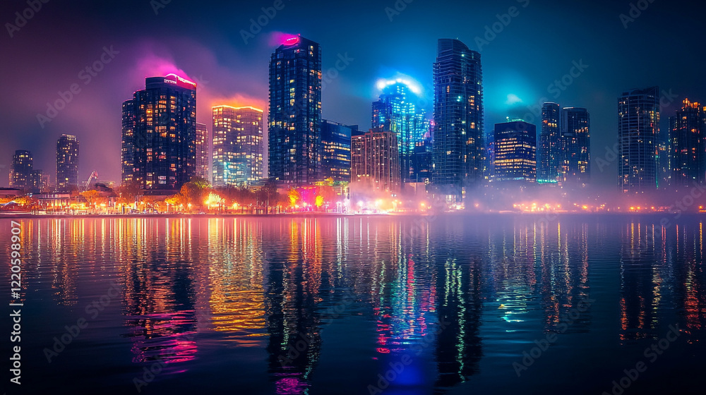 Obraz premium Night Cityscape Vibrant Reflections Modern Buildings Waterfront Foggy Atmosphere dark mist view 