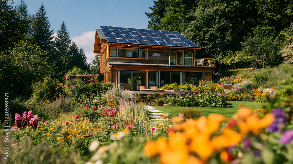 An eco-friendly home with solar panels and a vibrant wildflower garden, designed to minimize environmental impact and support clean energy. An eco-friendly home with solar panels and a vibrant wildflower garden, designed to minimize environmental impact and support clean energy.