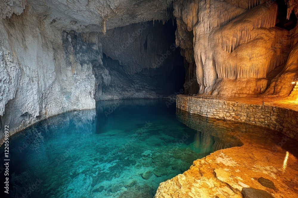 Underground cave pool, stalactites, tourism, serene,  illuminated