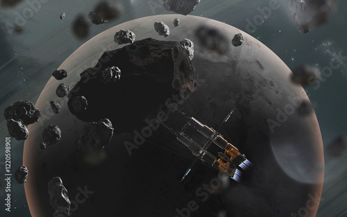 Obraz na płótnie 3D illustration of futuristic industrial spaceship in deep space. High quality render, digital cosmic sci-fi art in 5K - realistic visualization w salonie