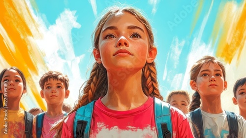 A group of children facing forward, looking up to the sky with expressions of hope and curiosity, their eyes fixed on the horizon of possibilities
