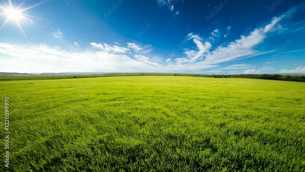 Obraz premium 広々とした快晴の青空と草原 背景素材 チラシ・バナー・動画素材 AI生成素材