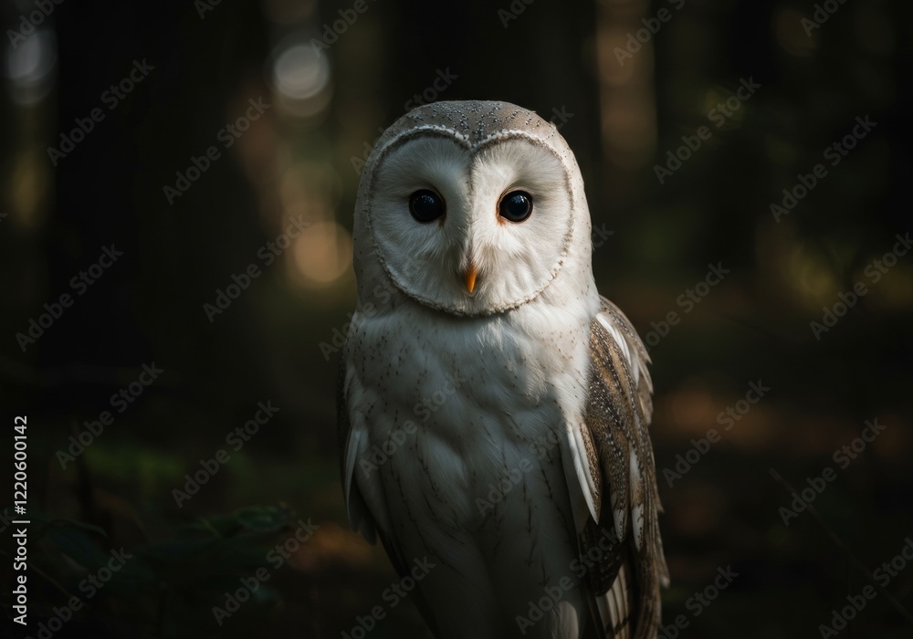 A white owl looking at the camera in a dark forest with sun backlight shining through the trees
A white owl looking at the camera in a dark forest with sun backlight shining through the trees