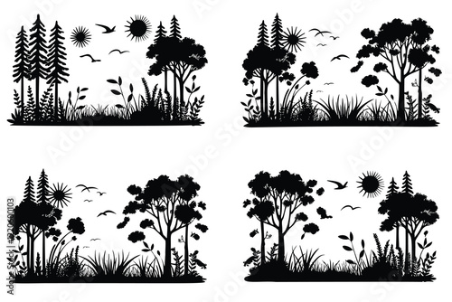 Four black and white silhouette designs depicting various forest scenes