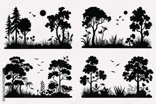 This collection features a variety of intricately detailed silhouette designs of forests and woodland scenes