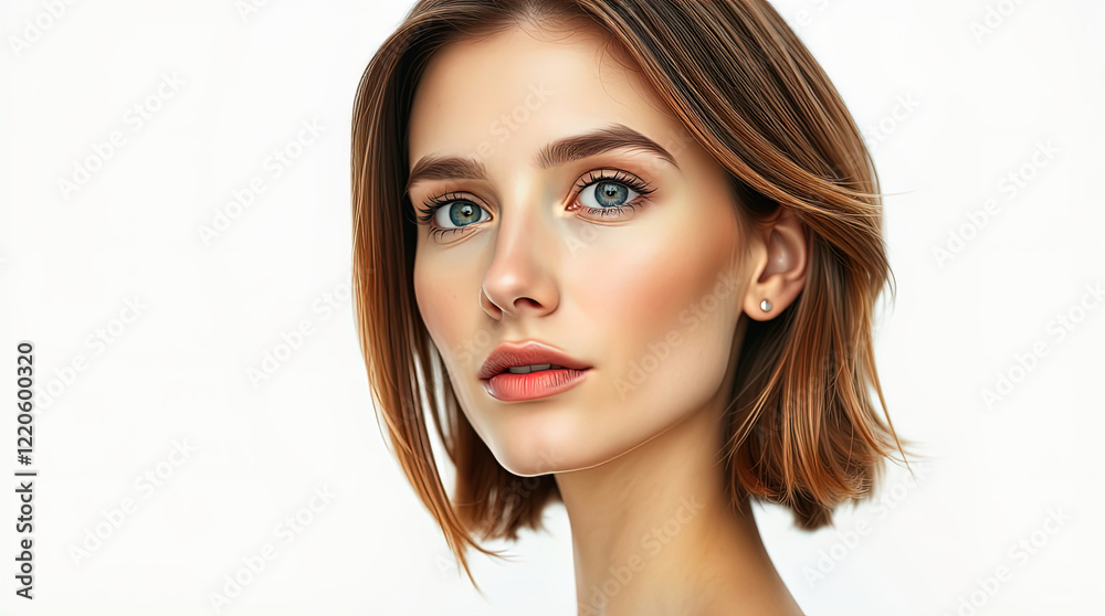 Naklejka premium portrait of pretty young woman with freckles, fair hair, with creative modern hairstyle, isolated on white background