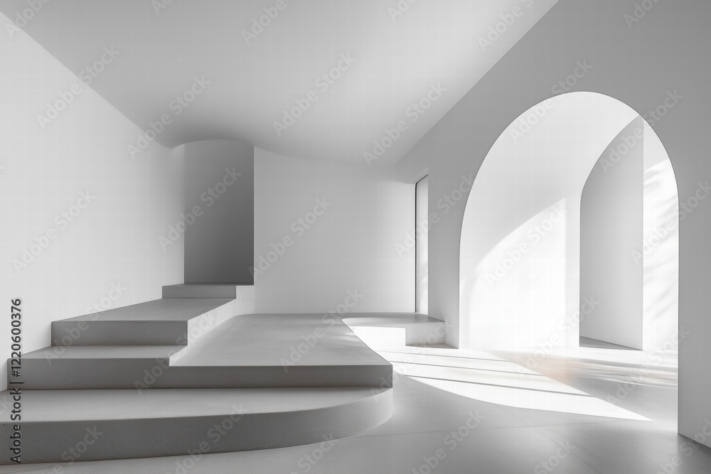 Fototapeta premium A minimalist interior space featuring smooth, white surfaces, geometric shapes, and soft natural light. The design includes steps leading to different levels and archways.