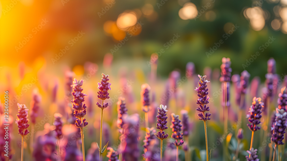 Obraz premium Picturesque vibrant field of lavender under golden sunlight, wonderful dreamy purple floral closeup at sunset. Amazing summer nature blur background. Beauty of nature and tranquility