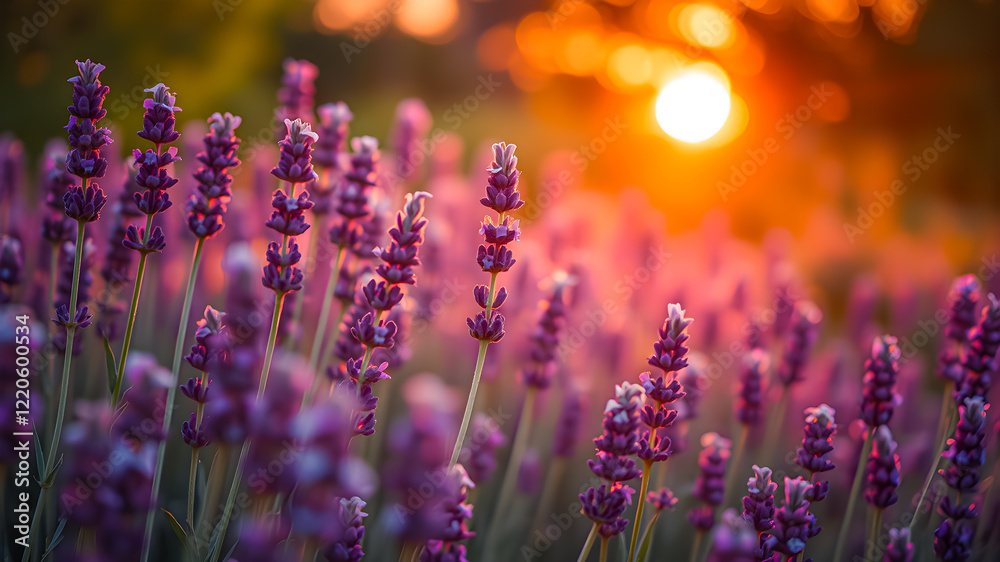 Obraz premium Picturesque vibrant field of lavender under golden sunlight, wonderful dreamy purple floral closeup at sunset. Amazing summer nature blur background. Beauty of nature and tranquility