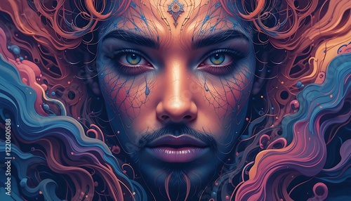 Mystic androgynous being with vibrant hair and intricate face paint, surrounded by swirling abstract art
