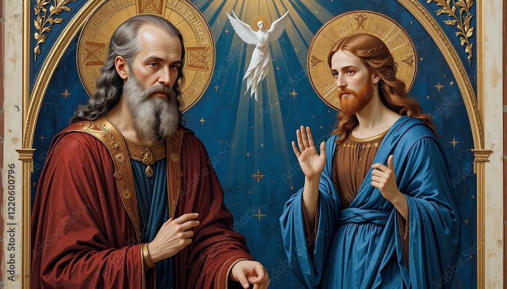 Naklejka premium A stunningly detailed religious artwork depicting Jesus Christ and an aged apostle, bathed in divine light and surrounded by ornate gold frames.