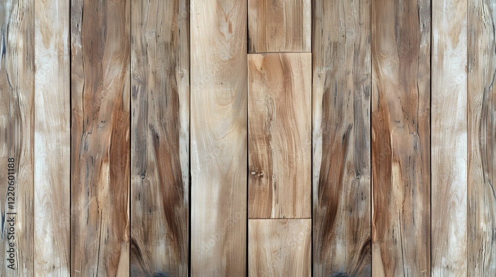 Fototapeta premium A hyper-realistic image of a vertical wooden plank wall, featuring evenly spaced boards with a natural brown tone. Each plank has visible wood grain, knots, and subtle imperfections like scratches