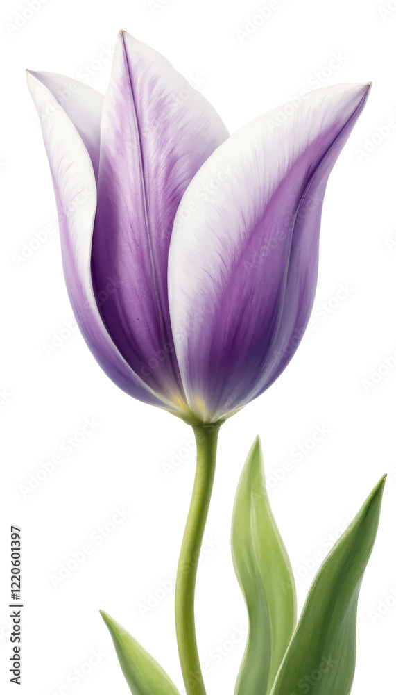 Fototapeta premium Purple and white tulip with green stem and leaves on a transparent background