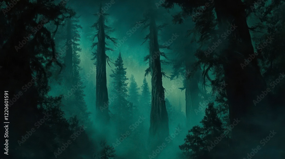 A mysterious forest at night, with tall trees and fog creating an eerie atmosphere. The dark green hues of the woods contrast against the moonlight filtering through the misty air. 