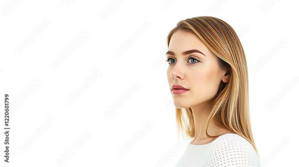 portrait of pretty young woman with freckles, fair hair, with creative modern hairstyle, isolated on white background portrait of pretty young woman with freckles, fair hair, with creative modern hairstyle, isolated on white background