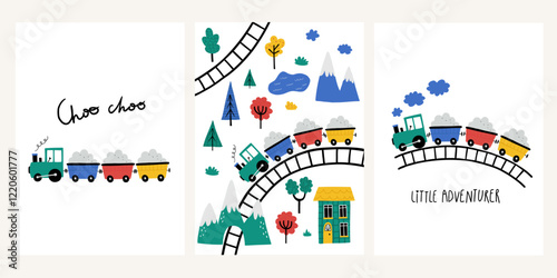 Set of cute cartoon baby boy posters with toy railway track model, kids train locomotive in cartoon style. Adorable childish steam train, hand drawn lettering.  For t-shirts, greeting card, wall art