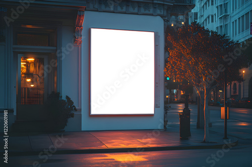 Mock-up of a blank white building hoarding branding space in San Francisco at night