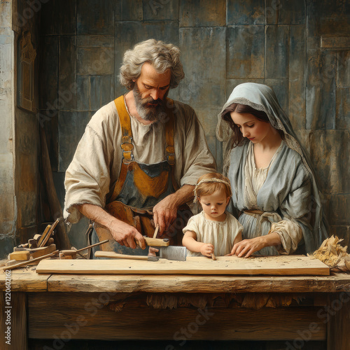 Working St Joseph the carpenter and baby Jesus with Mary. AI generative.